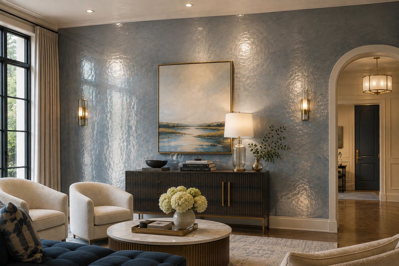 Layered neutral grasscloth wallpaper interior