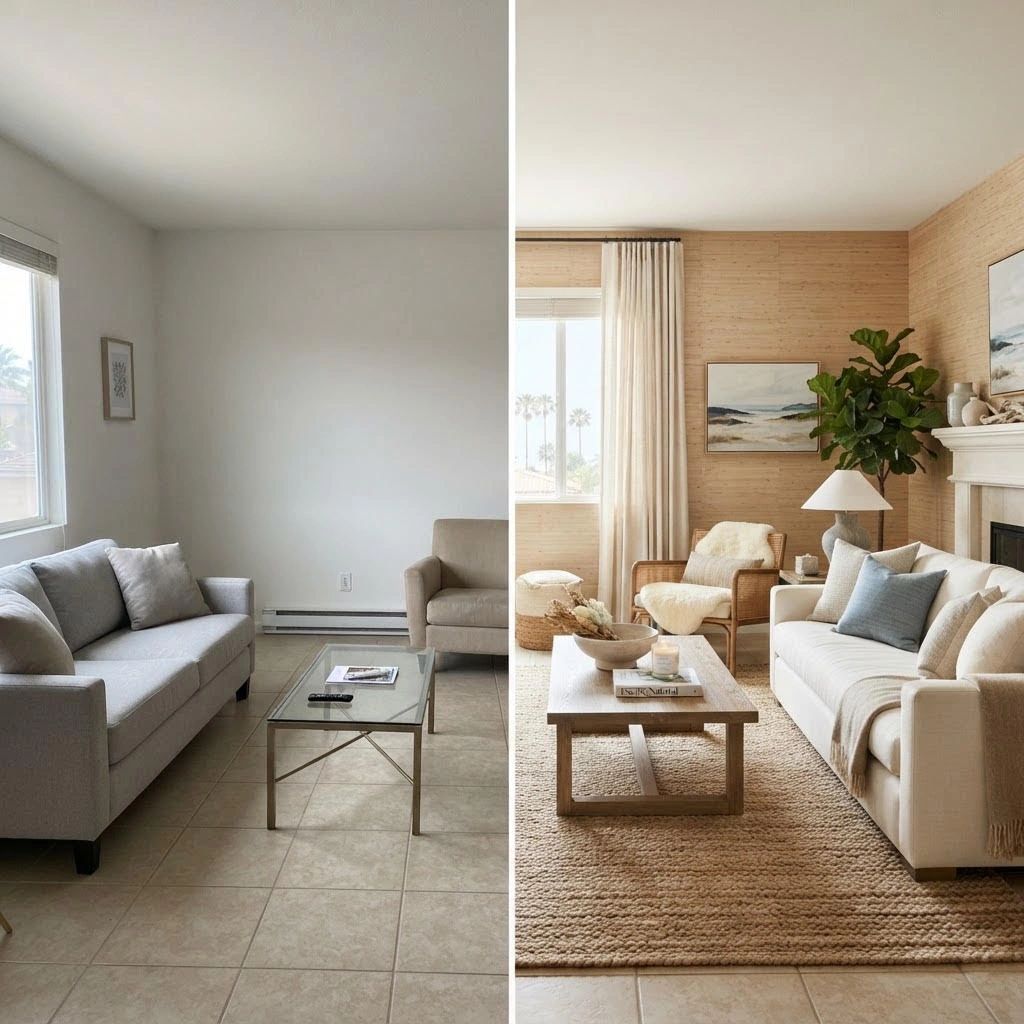 Before and after room transformation with wallcovering